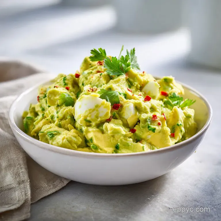 A scoop of pale green avocado egg salad, garnished with a sprig of dill, rests on a crisp lettuce leaf. Refreshing & light.