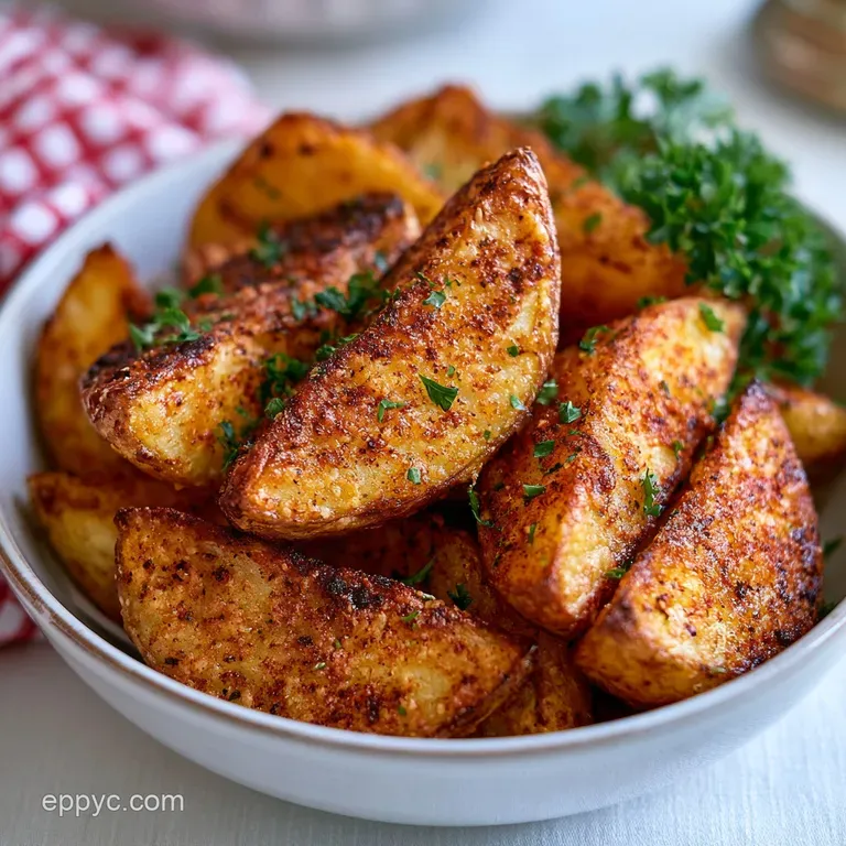 Crispy golden potato wedges stacked neatly on a white plate beside a small bowl of creamy garlic dipping sauce.