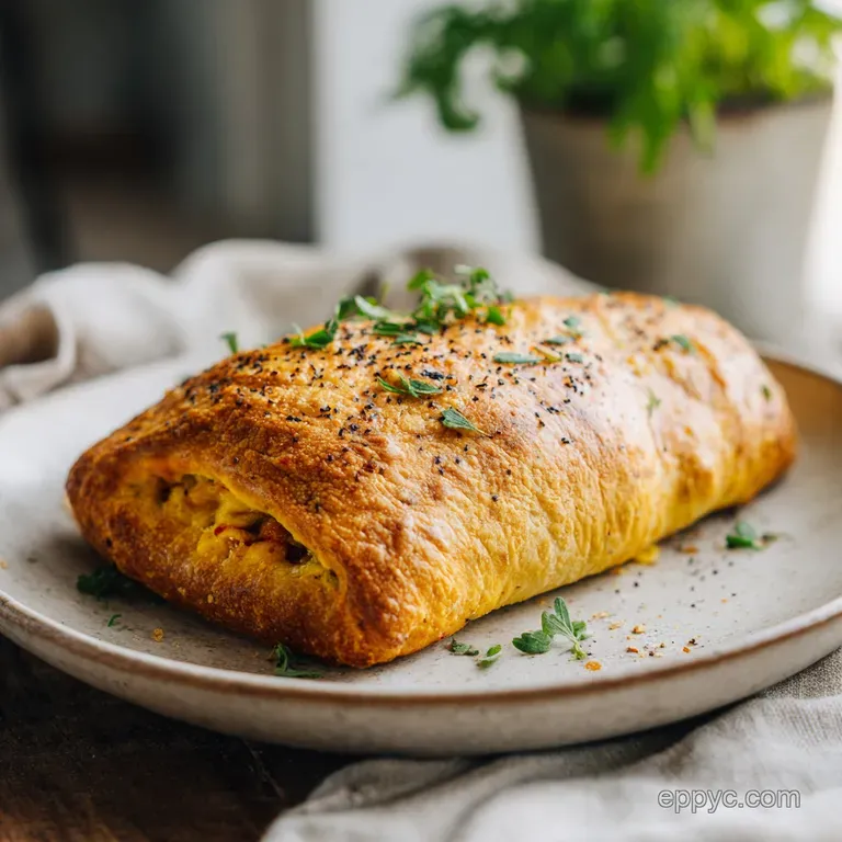 A warm slice of stromboli, golden and puffy, sits on a white plate, drizzled with marinara sauce and fresh parsley.