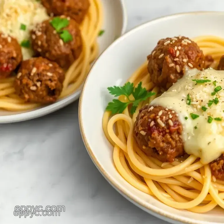 Baked Meatballs and Pasta in Creamy Carbonara Sauce presentation