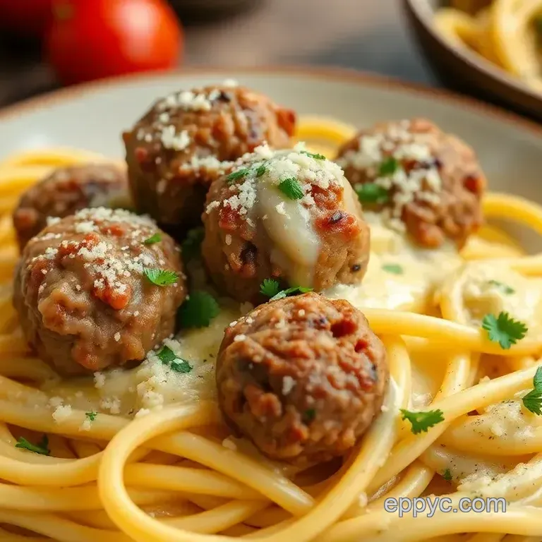 Baked Meatballs and Pasta in Creamy Carbonara Sauce