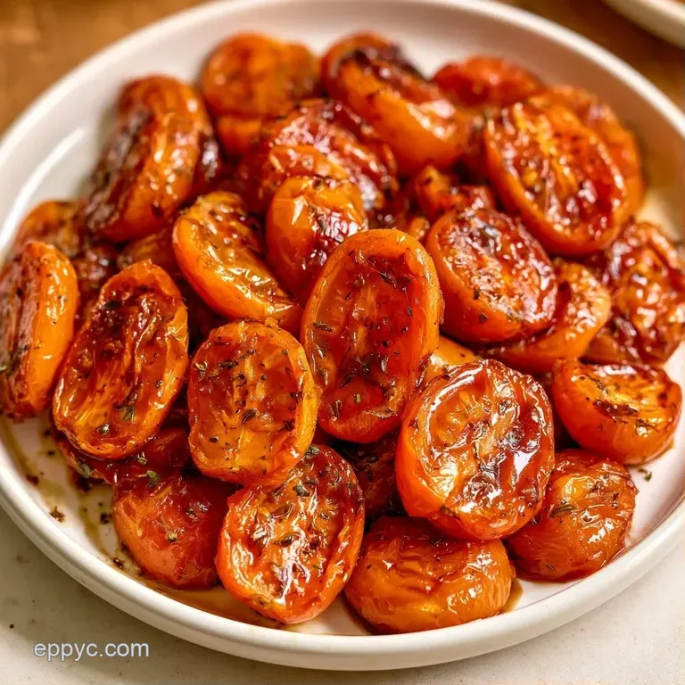 Glistening red tomato halves arranged on a white plate with a dark balsamic swirl and a touch of fresh greenery.