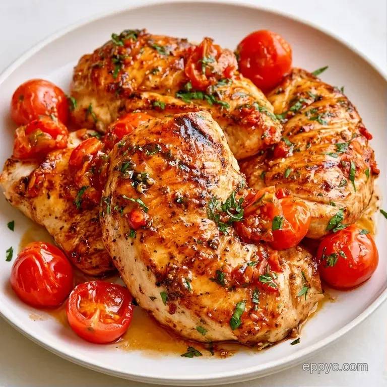 Sliced golden chicken breast drizzled with a deep purple glaze and garnished with fresh green basil on a white plate.