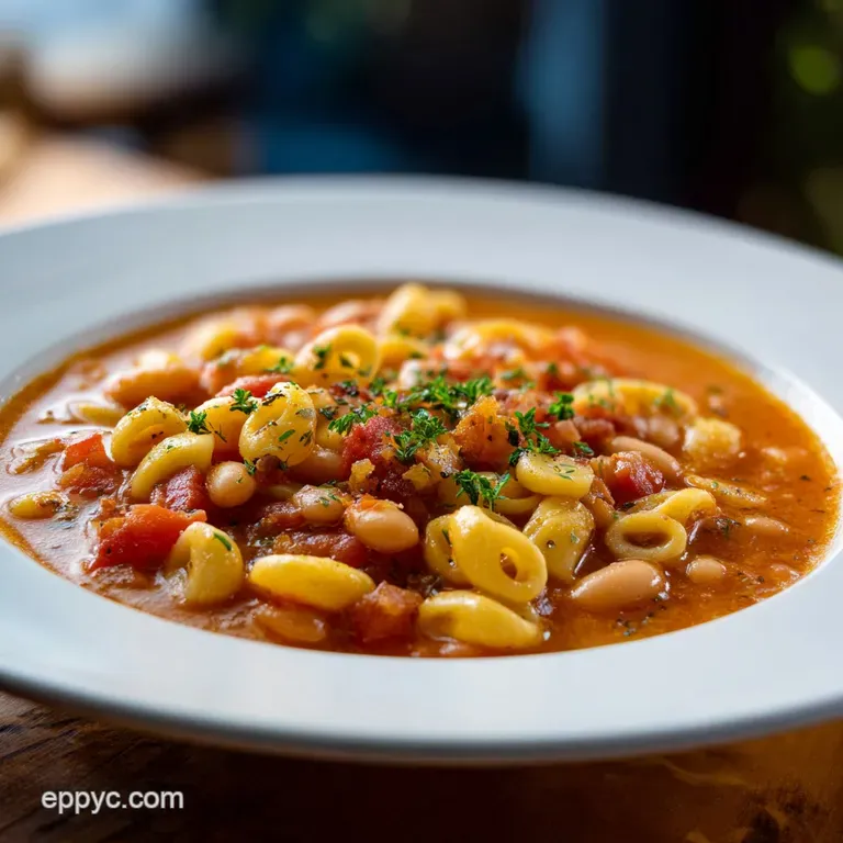A white ceramic bowl of rustic bean soup topped with a swirl of olive oil and a sprinkle of fresh green parsley.