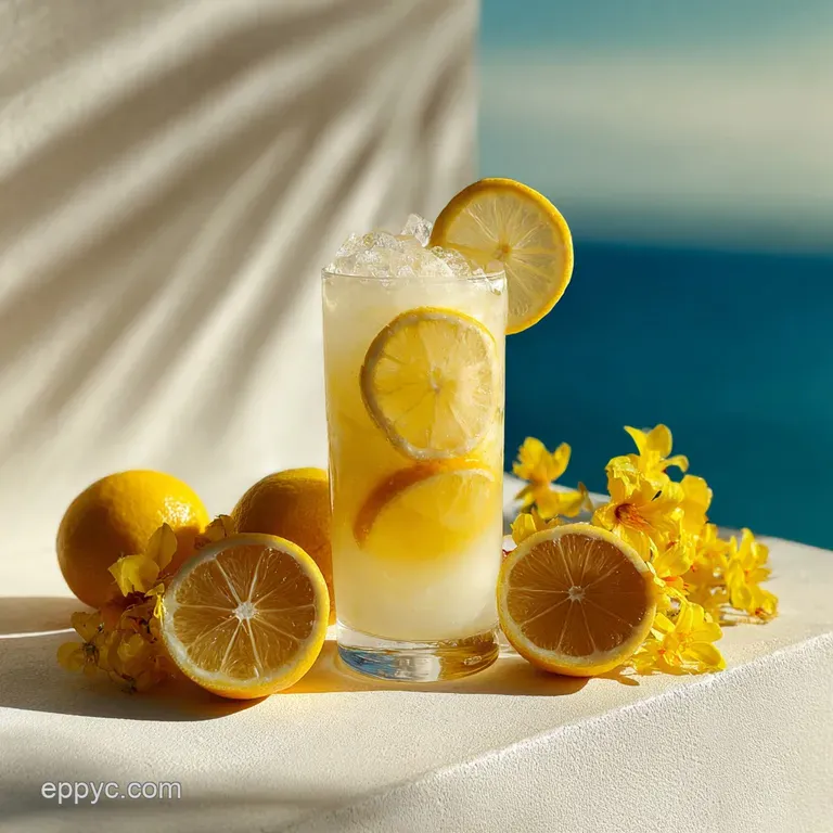 Elegant Bay Breeze cocktail in a sleek glass. Garnished with lime & cranberries. Reflective surface & blurred background.