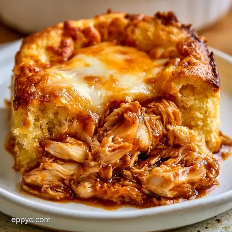 A square slice of golden corn cake topped with glossy BBQ chicken, served on a white plate with fresh parsley.