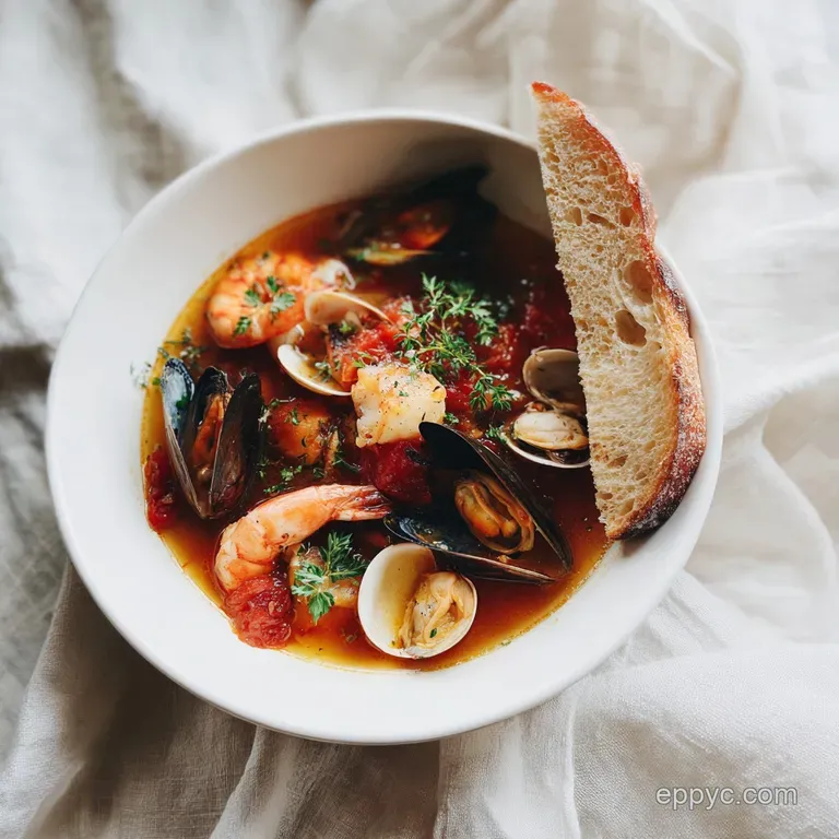 Steaming bowl of cioppino with vibrant seafood. Broth glistens, topped with fresh herbs. Crusty bread alongside invites di...