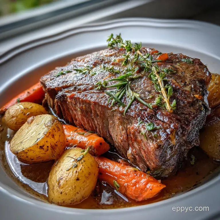 A serving of juicy pot roast with vegetables, bathed in rich brown gravy, garnished with fresh parsley on a white plate.