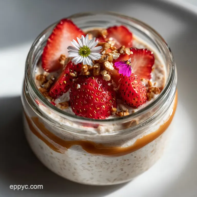 Silky overnight oats layered in a glass with granola, juicy blueberries, and a sprig of fresh mint.