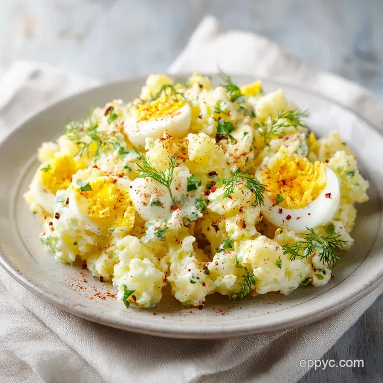 A scoop of vibrant potato salad with visible egg, celery, and herbs artfully arranged on a white plate, ready to be served.