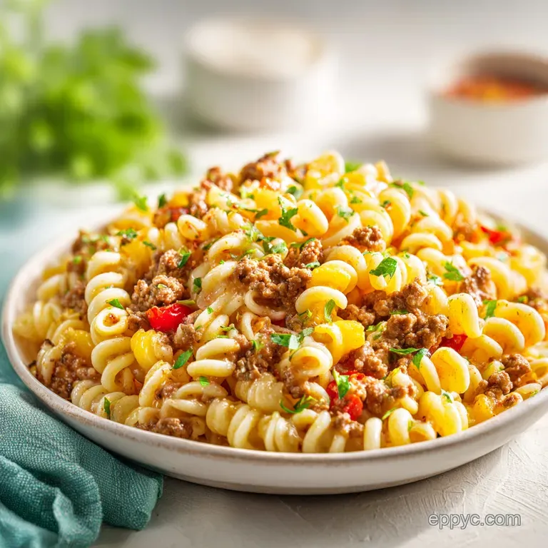 A generous serving of pasta salad artfully arranged in a bowl, showcasing layers of seasoned beef, fresh greens, and cream...