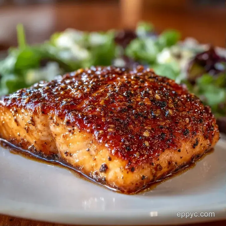 A glazed salmon fillet atop a swirl of creamy puree, garnished with microgreens and a wedge of fresh lemon.