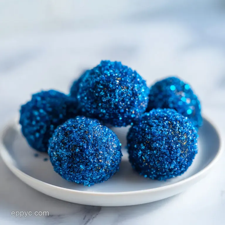 Tiny sapphire-blue spheres on a dark slate board with sprigs of fresh mint and a dusting of snowy powdered sugar.