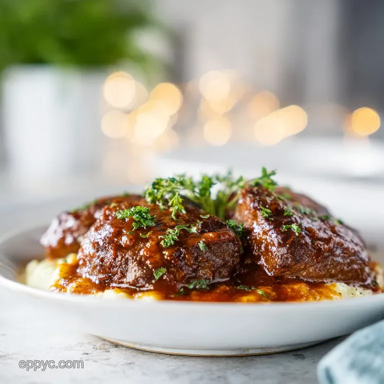An artfully plated Salisbury steak, glistening with savory gravy, nestled beside vibrant green beans and golden potatoes.