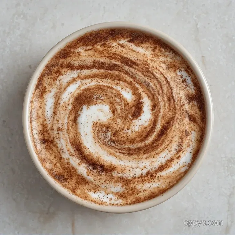 Frothy layered coffee in a transparent mug resting on a wooden saucer with a dusting of cinnamon and warm light.