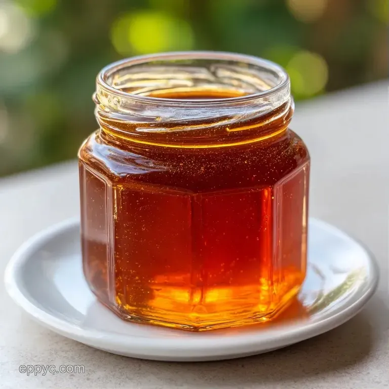 Small glass pitcher of viscous dark amber syrup beside a steaming coffee cup on a white marble surface.