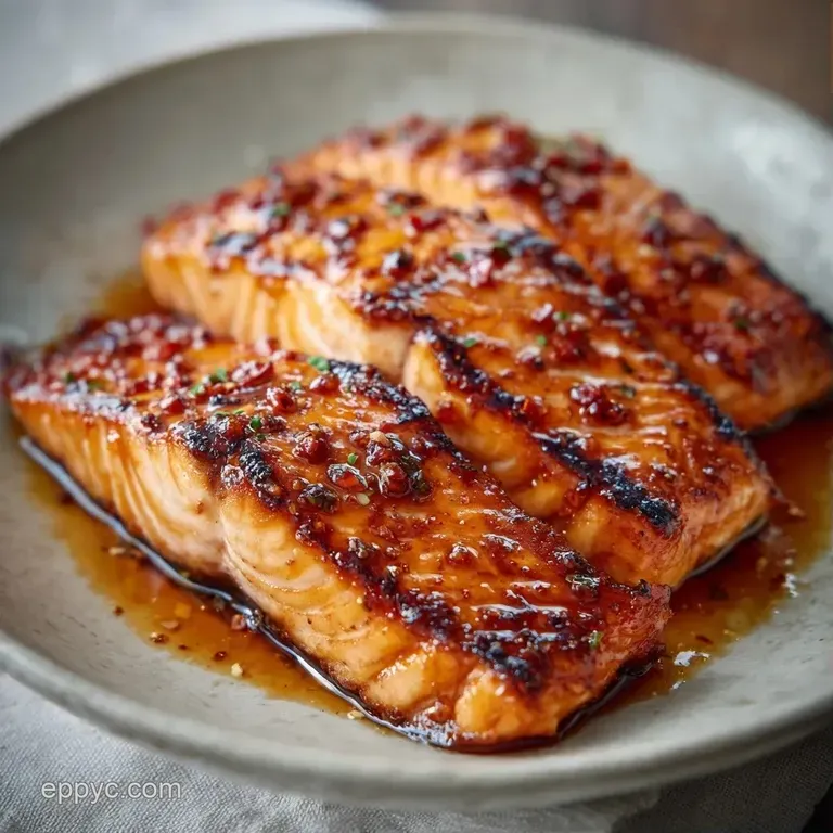 Glazed pink salmon resting on vibrant saut&eacute;ed spinach and lemon slices, drizzled with a rich, syrupy brown sauce.