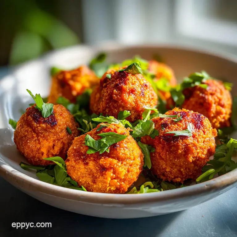 Plated buffalo chicken meatballs glistening with spicy sauce, garnished with blue cheese crumbles and celery sticks, invit...