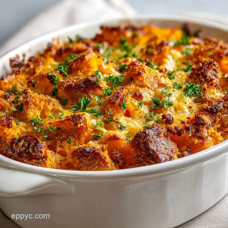 Creamy butternut squash casserole elegantly plated, with a sprinkle of fresh parsley and a golden, crispy crust.