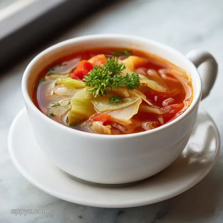 Steaming bowl of cabbage soup with a swirl of cream, fresh parsley, and rustic bread, offering a comforting presentation.