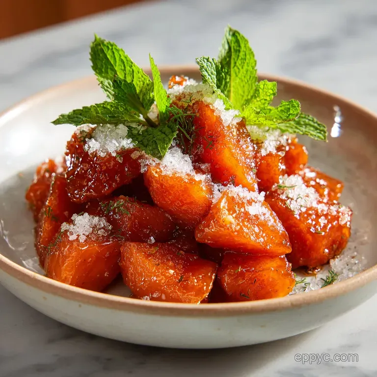Individual serving of glazed yams, glistening with syrup, arranged artfully on a white plate. Toasted pecans add a nutty c...