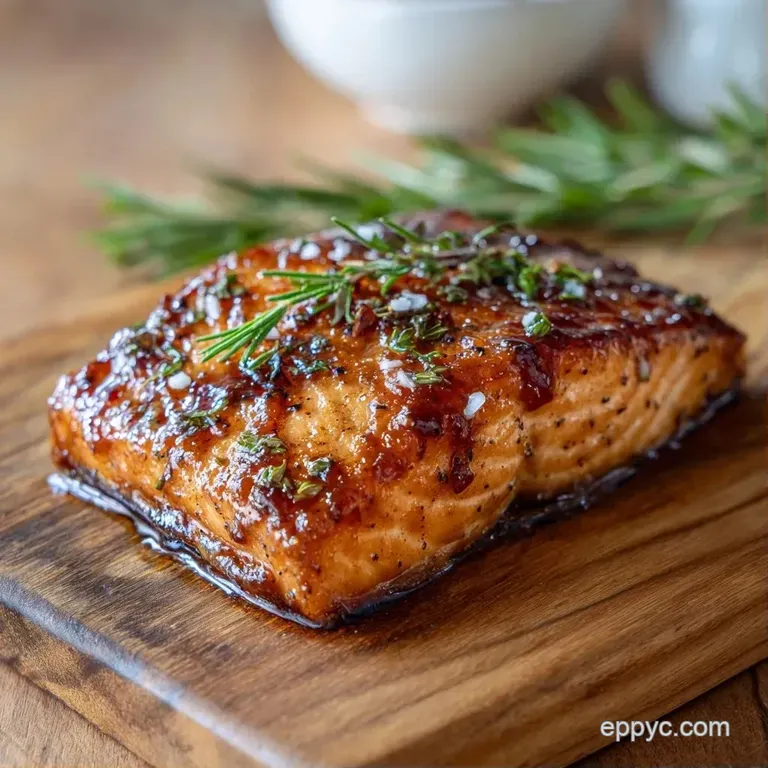Flaky pink salmon fillet on a rustic cedar plank, garnished with fresh parsley and bright yellow lemon wedges.