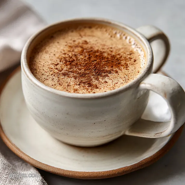 Frothy chai coconut milk in a clear mug, dusted with spice and garnished with star anise on a rustic wooden surface.