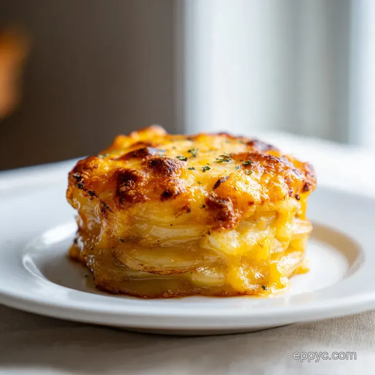 A neat scoop of creamy sliced potatoes topped with melted golden cheese, served on a matte white ceramic plate.