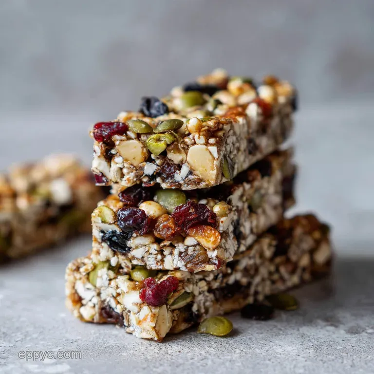 Neatly stacked trail mix granola bars on a wooden board, showcasing the layers of oats, nuts, and vibrant dried cranberries.