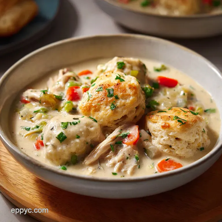 Creamy chicken and dumpling bowl with flaky biscuit. Sprinkled parsley adds a pop of green. Comfort food perfection.