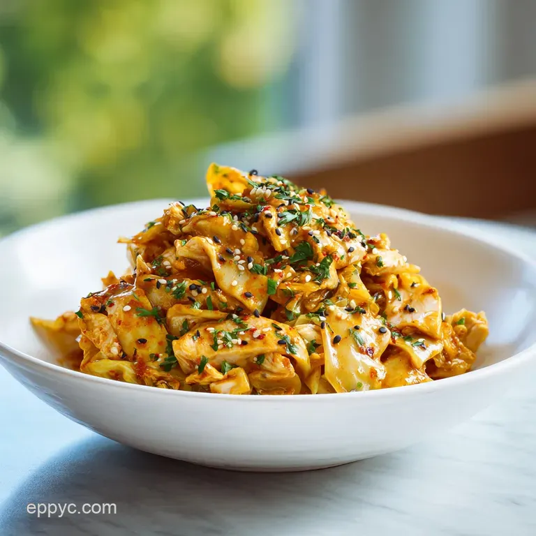 Close-up of a bright, inviting bowl filled with tender chicken, crisp cabbage, and a glistening sauce, creating an appetiz...