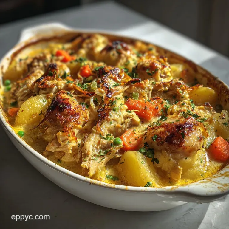 Elegant serving of chicken casserole, showcasing the creamy sauce, tender chicken, and golden-brown, crisp topping, garnis...