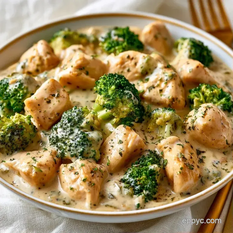 Elegant plated portion on white dish, ivory sauce pooling around tender chicken and emerald broccoli under golden crumbs.