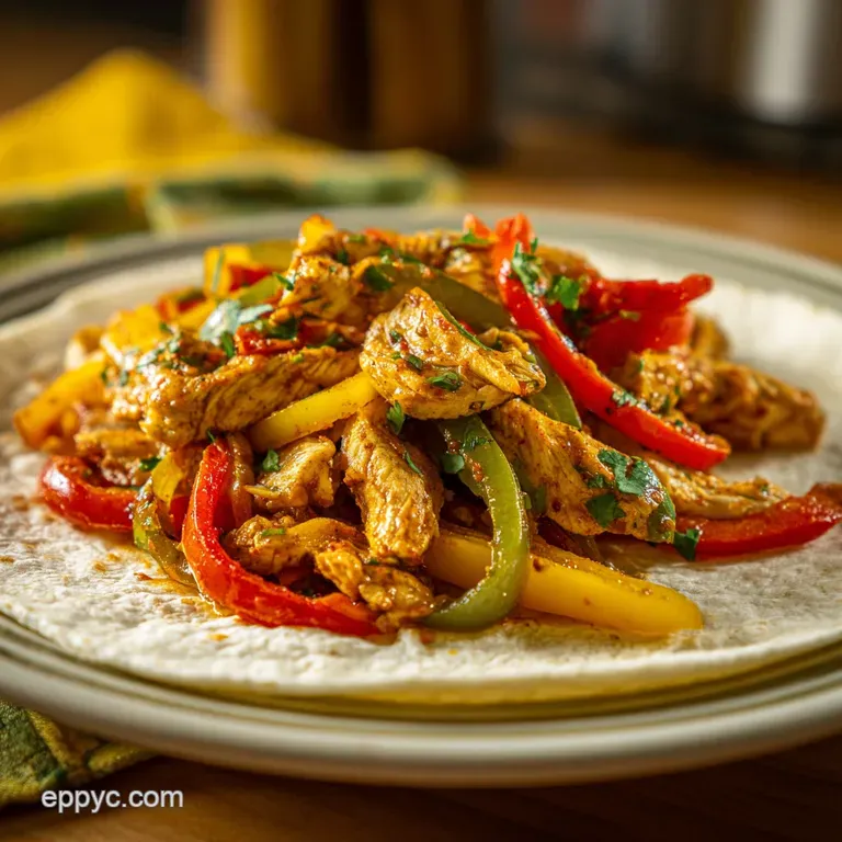 Plated chicken fajitas bursting with vibrant peppers and onions, served with warm tortillas and fresh toppings. A colorful...