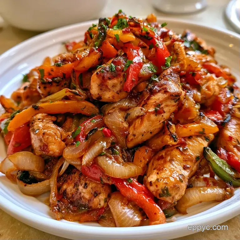 Vibrant strips of grilled chicken and colorful peppers on a white plate with zesty lime wedges and fresh cilantro.