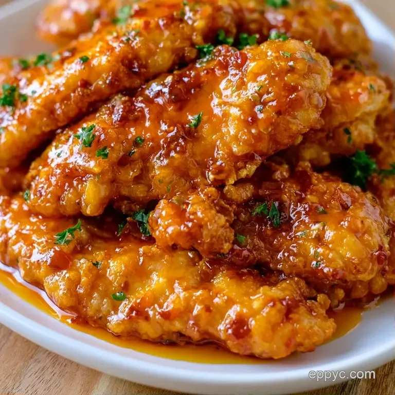 Glossy orange-red chicken strips arranged artfully on a white ceramic plate with a swirl of creamy dip.