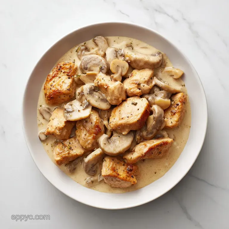 A shallow white ceramic bowl of creamy chicken and mushrooms topped with fresh parsley on a rustic wooden table.