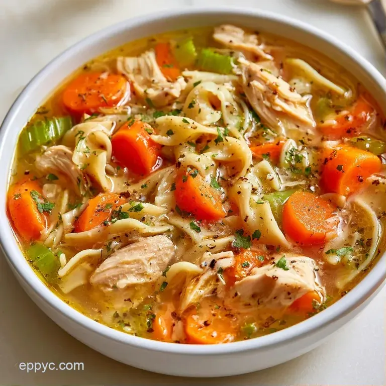 Steaming golden broth with tender chicken and bright carrots in a white bowl, garnished with fresh green herbs.