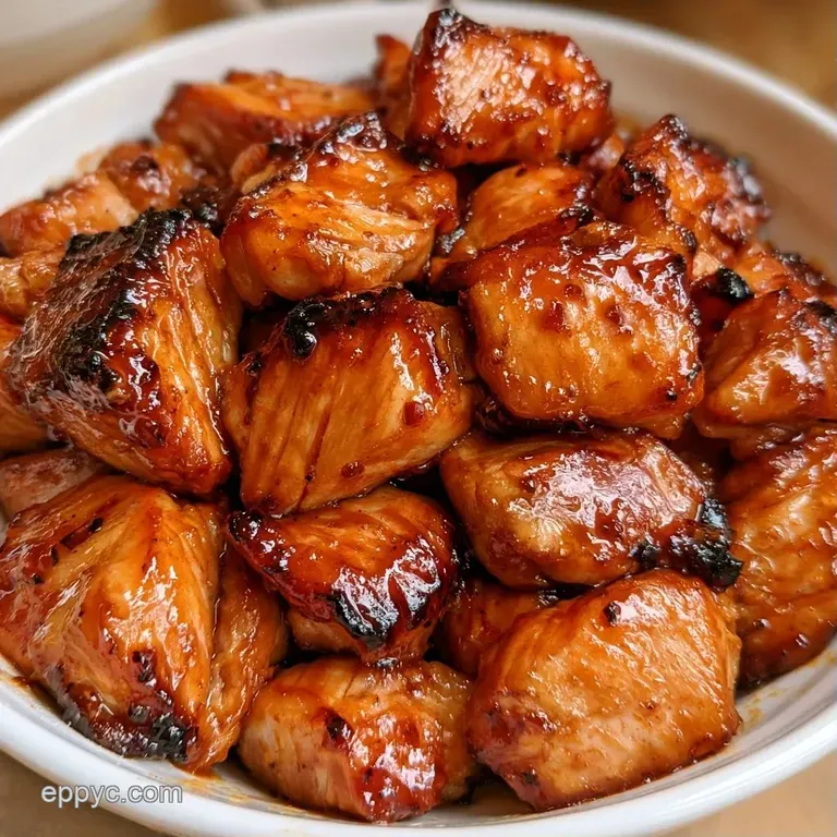 Glistening brown glazed chicken pieces topped with sesame seeds and green onions over a bed of fluffy white rice.