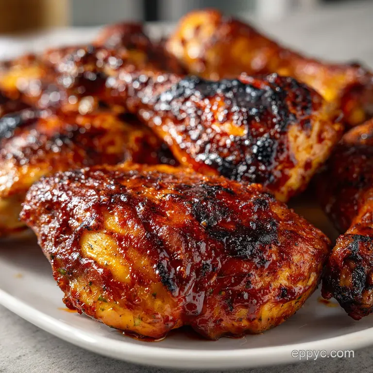 Plated BBQ chicken thigh with a vibrant, smoky glaze. Served with bright green parsley and creamy mashed potatoes.