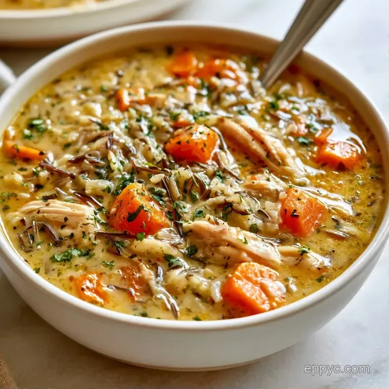 A rustic ceramic bowl filled with creamy soup, garnished with fresh parsley and a side of crusty toasted bread.