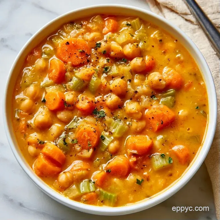 A white ceramic bowl of colorful vegetable soup topped with a swirl of cream and a sprig of fresh parsley.