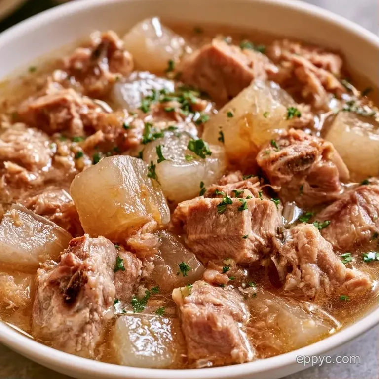 A minimalist white ceramic bowl filled with clear soup, tender meat, and a sprinkle of bright green sliced scallions.