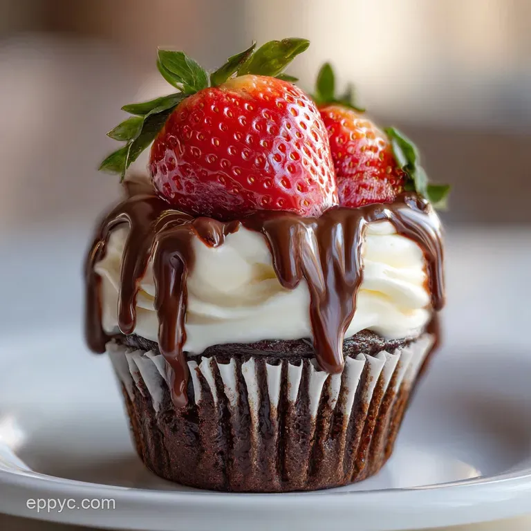 Elegant chocolate cupcake with a glistening chocolate-covered strawberry perched on top, inviting and decadent dessert.