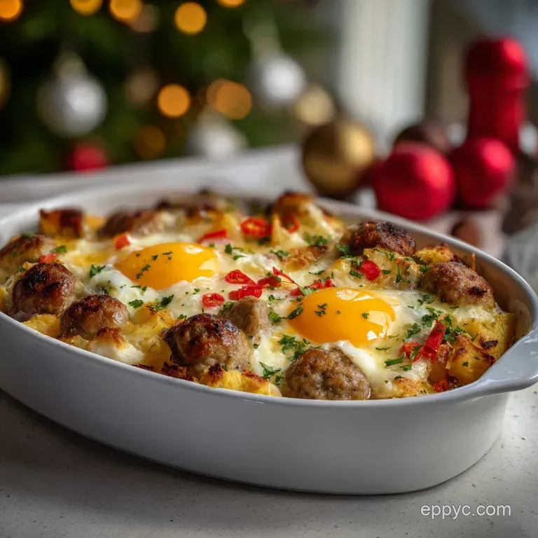 Elegant plate featuring a portion of the casserole, garnished with fresh herbs, alongside a small bowl of fruit, inviting ...