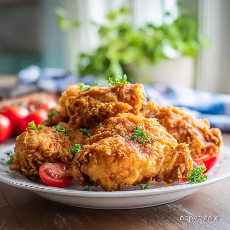 A few pieces of perfectly fried chicken, showcasing its flaky, textured coating, served simply.