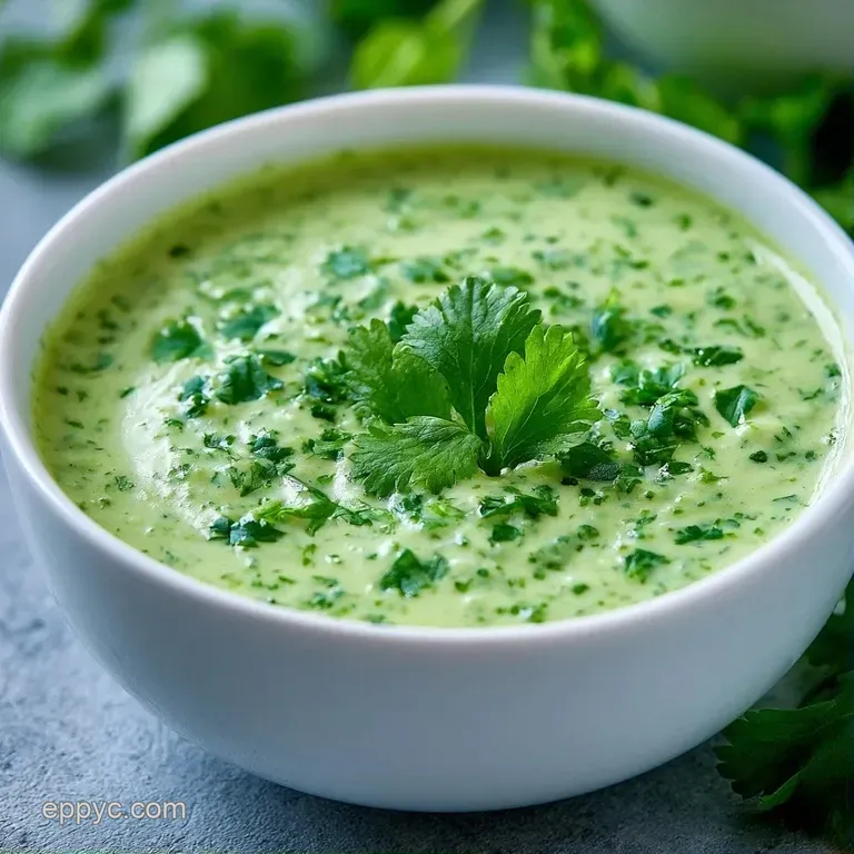 A small white ceramic bowl of smooth, pale green sauce paired with a vibrant salad of fresh garden greens.