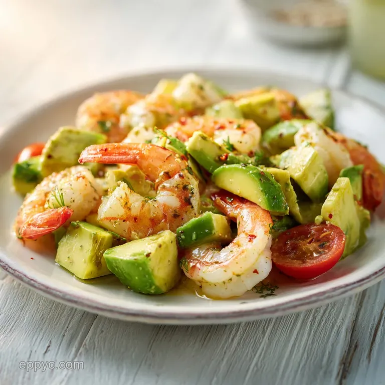 Elegant plate of citrus shrimp salad. Shiny avocado, plump shrimp, & bright citrus segments glisten with fresh herbs.