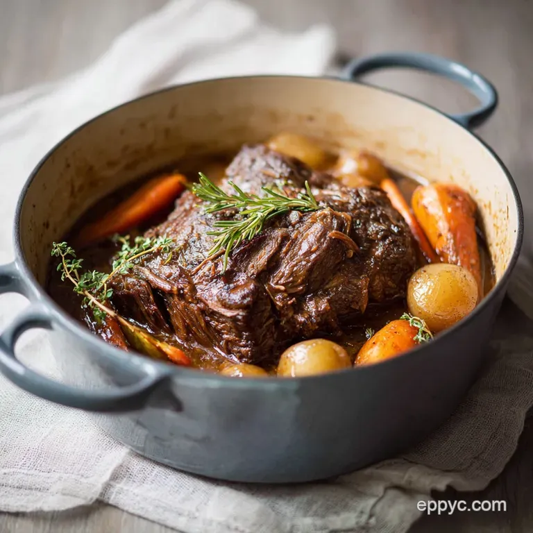 Close-up of sliced pot roast on a white plate, gravy glistening, next to bright orange carrots and fluffy mashed potatoes.