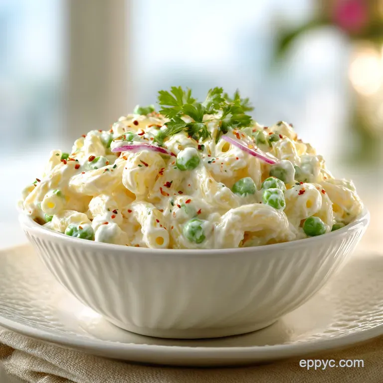 Macaroni salad in a glass bowl with visible crunchy veggies. Creamy dressing glistening, hints of pepper & dill for fresh ...